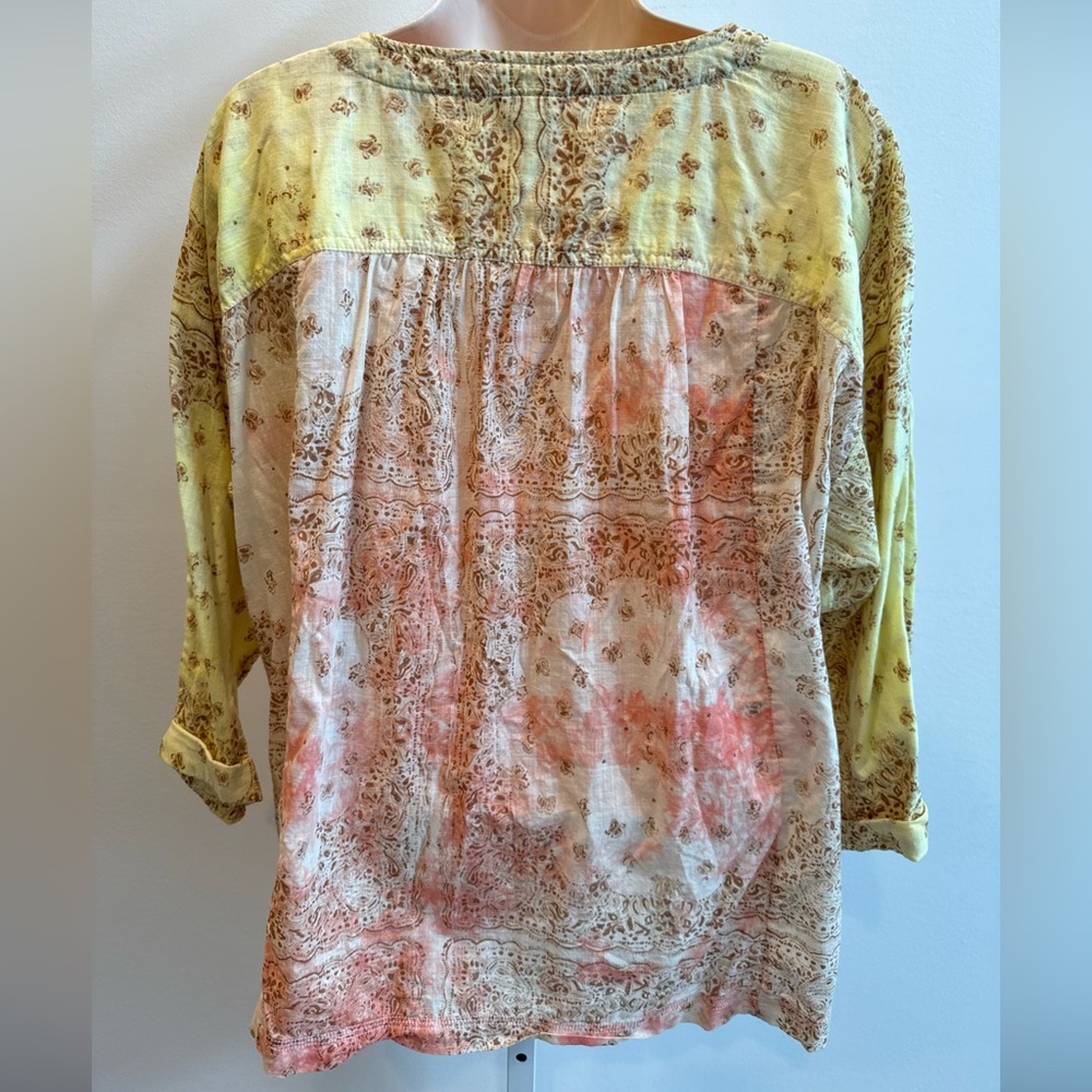Pilcro Anthropologie Yellow and Pink Patchwork Blouse The Tavi Batik Button Top - Picture 7 of 11